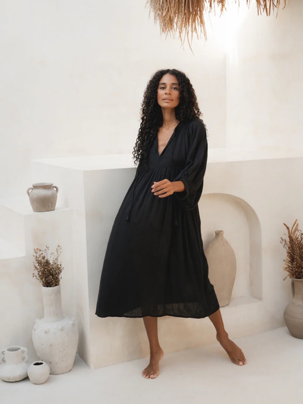 Daughters of India Black Midi Peasant-Style Dress